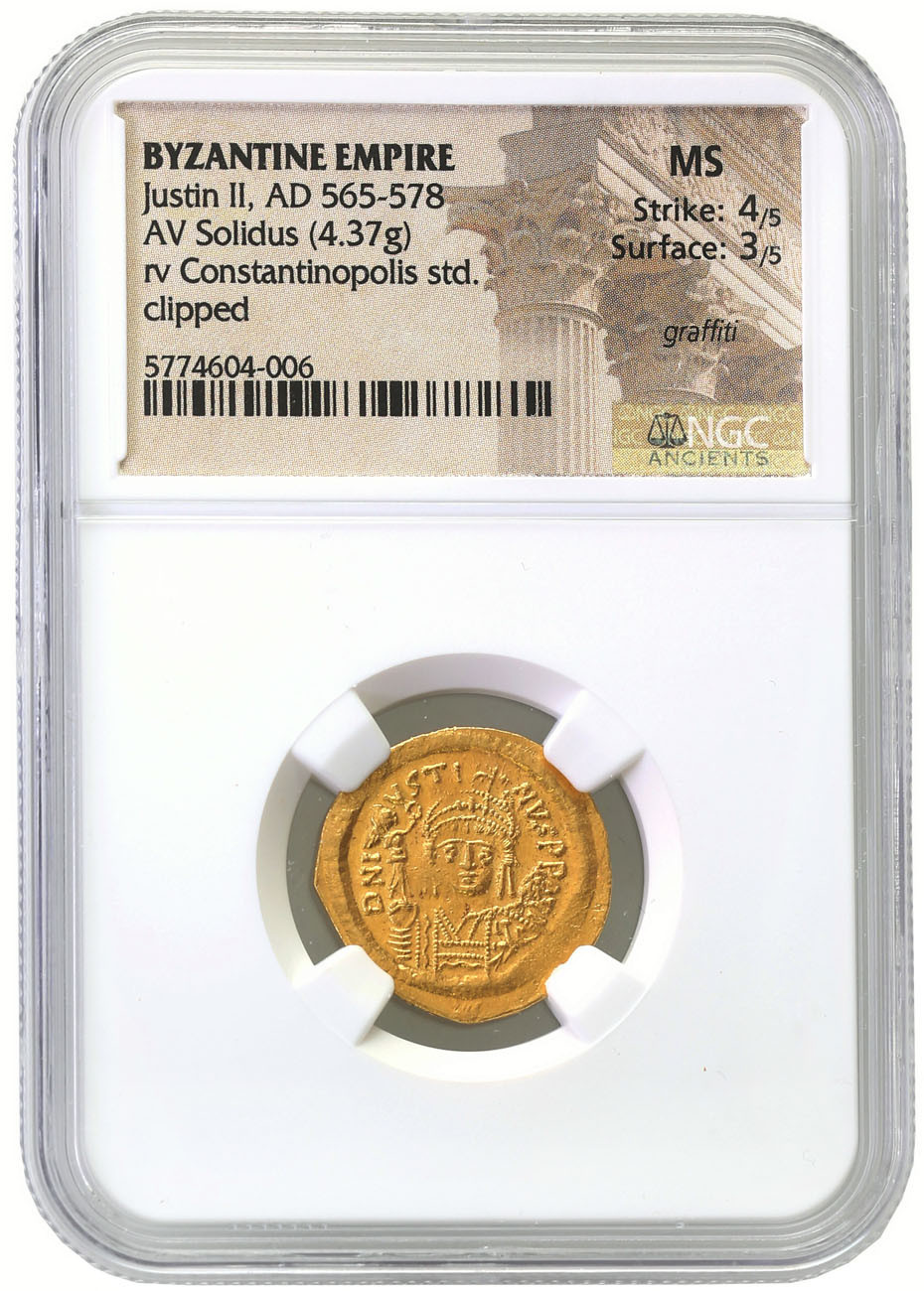 Bizancjum. Justin II (565-578). Solidus 567-578, Konstantynopol NGC MS 4/5 3/5